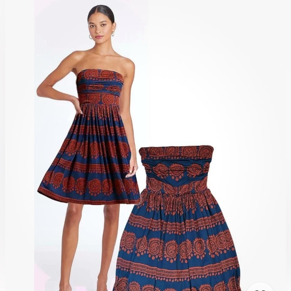 Anthropologie Navy and Rust Strapless Printed Sundress
